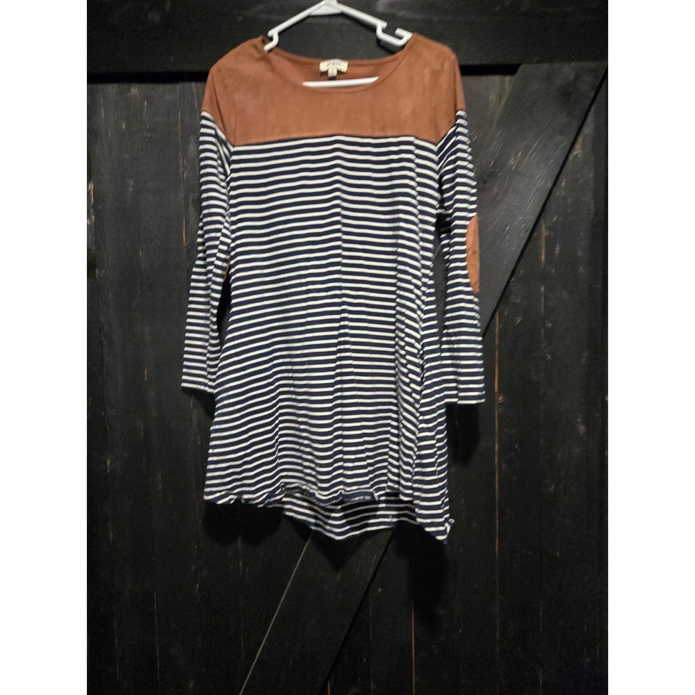 Umgee USA Striped Long Sleeve Tunic Top Suede Elbow Patches Navy Brown Small